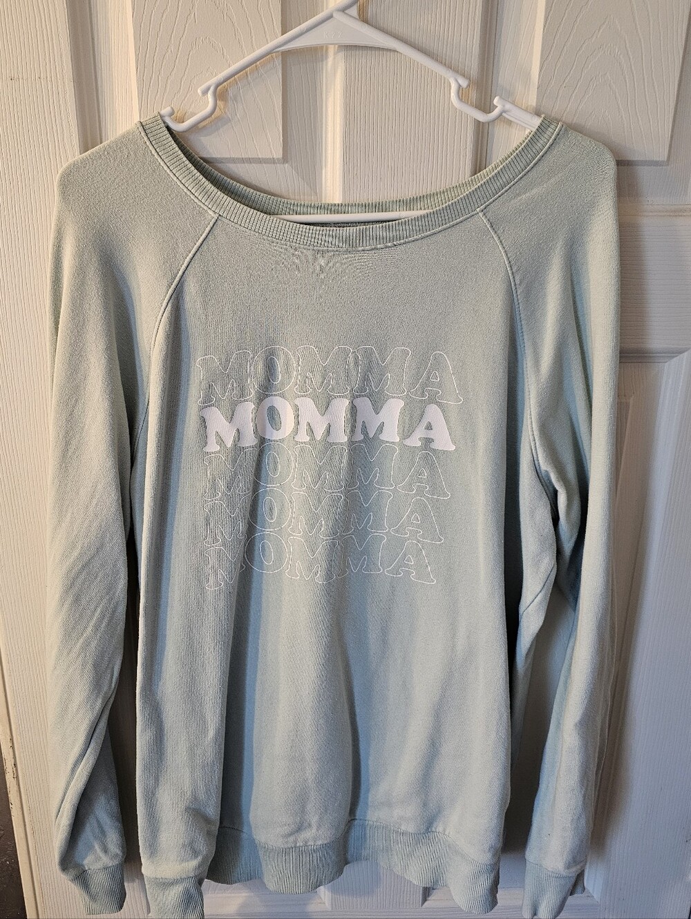 Motherhood Maternity Light Mint Color "MOMMA" Graphic Crewneck Sweater